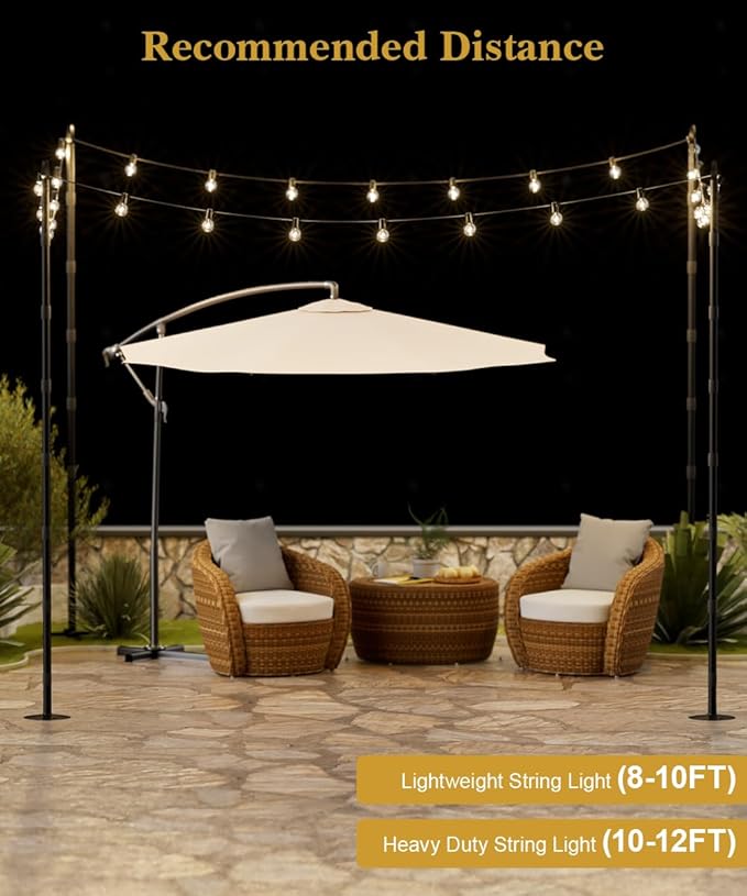 10Ft String Light Poles for Hard Surfaces, Outdoor Light Stand for Backyard, Garden & Patio Party Lighting, Heavy-Duty Metal Poles with Waterproof Finish, Rustproof & Adjustable