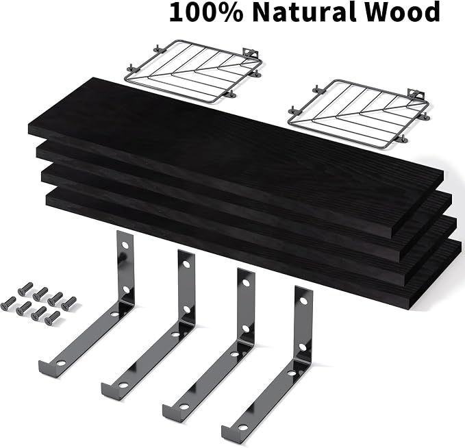 Fixwal 3+1 Tier Bathroom Floating Shelves Over Toilet, Black | Black Wood Shelf Set with Toilet Paper Storage Basket, Natural Finish, 40Lb Weight Limit, Quick Mount, Versatile
