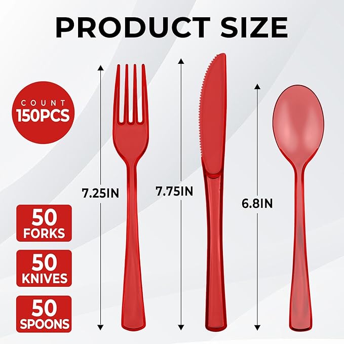 75 PCS Plastic Silverware Disposable Silverware Heavy Duty Utensil Sets 25 Of Each Forks Knives & Spoons Disposable Cutlery Set For Easter,Birthday,Baby Shower,Garden Party,Wedding(75,Red)