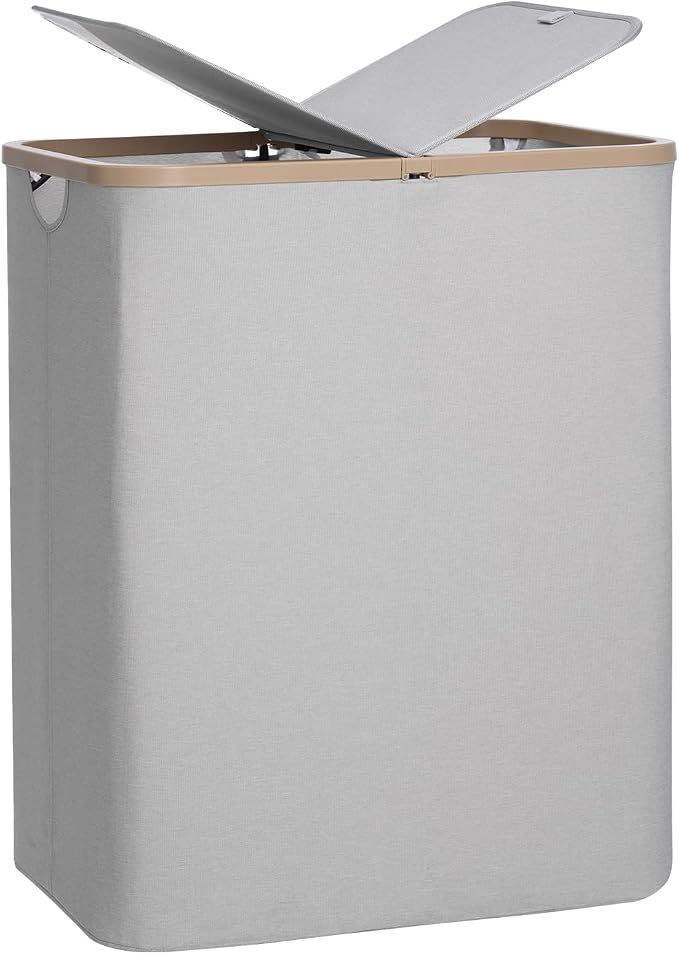 DOKEHOM 160L Double Laundry Basket Hamper with Lid & Removable Bags, Grey | Extra large 2-section collapsible clothes hamper, foldable laundry sorter bin with mesh inserts. Ideal for family use