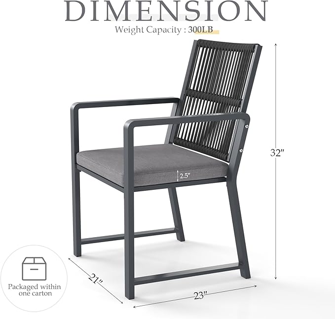 Outdoor Patio Wicker Rattan Dining Chairs, Heavy-Duty Wrought Iron Frame Supports 300lbs, Ergonomic Backrest, Detachable Breathable Cushion, for Garden & Porch, Dark Gray, Set of 2