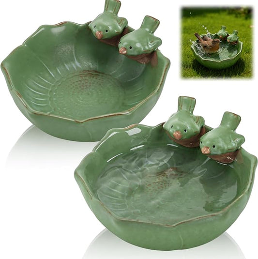 2 Pack Ceramic Bird Bath for Outdoors, 5.5" Ground Birds Bath Bowl for Outside, Heavy Duty Wild Bird Feeders, Feeding Tray Food Holder for Balcony Garden Lawn Patio Decor Tabletop, Green