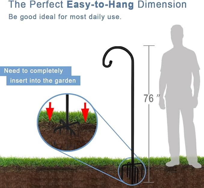 Artigarden 76 inch Outdoor Shepherd Hook with 5 Prong Base (2 Packs), Adjustable Heavy Duty Garden Hanging Stake for Bird Feeder Solar Light Plant Hanger Wedding Decor, Matte Black