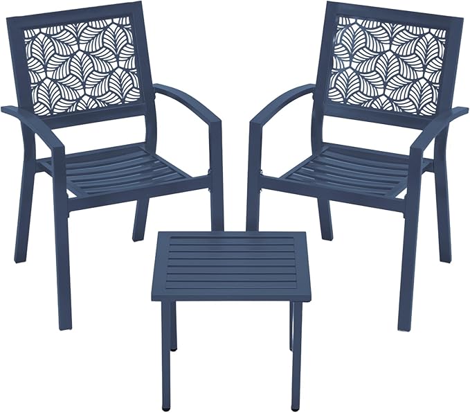 BUPPLEE 3 Piece Patio Bistro Set, Outdoor Steel Furniture Set, Stackable Modern Conversation Sets for Balcony Garden Deck Patio w/2 Chairs 1 Table, Peacock Blue