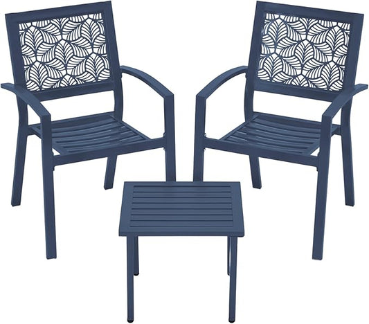BUPPLEE 3 Piece Patio Bistro Set, Outdoor Steel Furniture Set, Stackable Modern Conversation Sets for Balcony Garden Deck Patio w/2 Chairs 1 Table, Peacock Blue