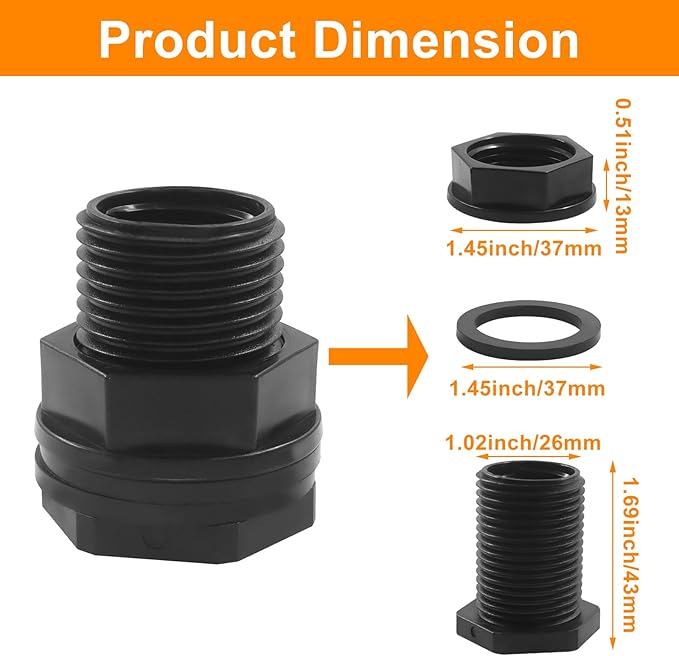 BokWin 10 Pack Garden Hose Bulkhead Fitting, Double Threaded Bulkhead Tank Fitting, 1/2 Inch Female NPT x 3/4 Inch Male Threaded Connector, Black, for Rain Barrels, Aquariums, Tubs, Pools, Spigot Use