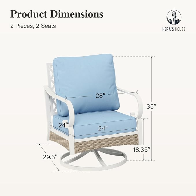 HERA'S HOUSE Swivel Outdoor Patio Chairs Set of 2 with Cushions, High Back Metal Frame, All Weather Garden Furniture for Lawn, Backyard, Deck, Blue