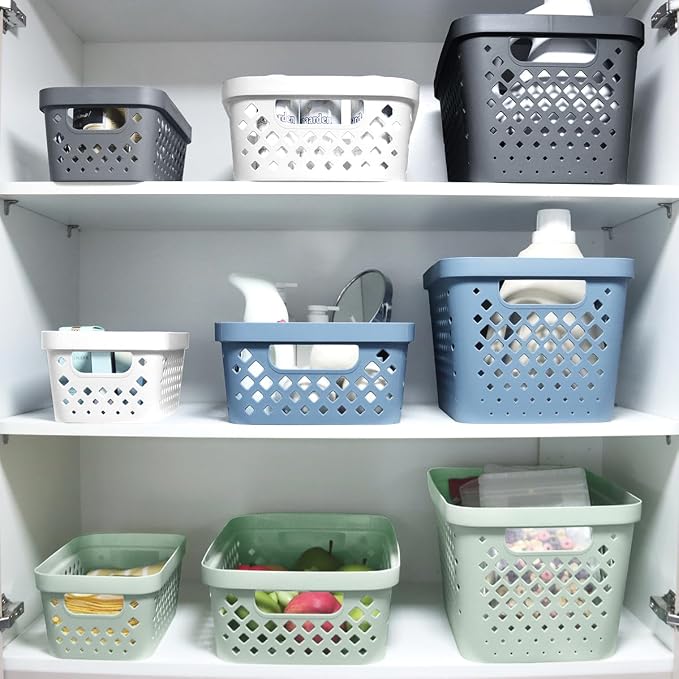 Glad Plastic Storage Basket Set, Value Pack of 6 | Open Storage Bins for Shelves, Bathroom, Pantry, Closet | Nesting Organizer Boxes with Handles, 4 Gallon, White