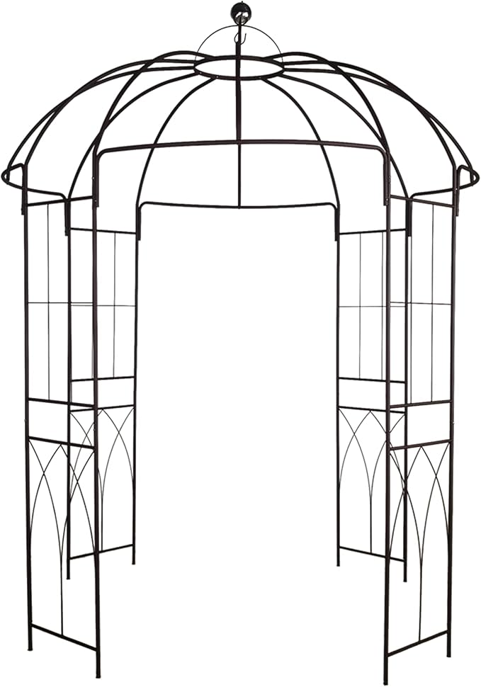 Metal Gazebo Pergola Pavilion Arbor Arch Trellis French Style with Hook 9' Highx 6'6" Wide for Various Climbing Plants Support Outdoor Garden Decoration, Dark Rust