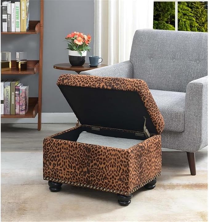 Convenience Concepts Designs4Comfort 5th Avenue Upholstered Storage Ottoman 24" - Contemporary Foot Stool and Seat with Hinged Lid for Living Room, Dining Room, Office, Forest Leopard Print Fabric