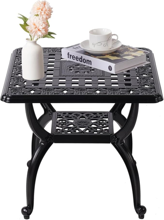 21" Cast Aluminum Outdoor Side Table,Small Patio Table,Outdoor Coffee Tables for Patio,Garden,Balcony, for All Weather (Black, Square)