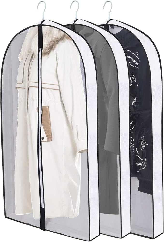 60" Garment Bags for Hanging Clothes, Clear Proof Suits Covers with 4" Gussets for Closet Storage and Travel Hanging Clothes Bag for Coat, Sweater, Jacket, Dress, Shirts (3 Pack - 60")