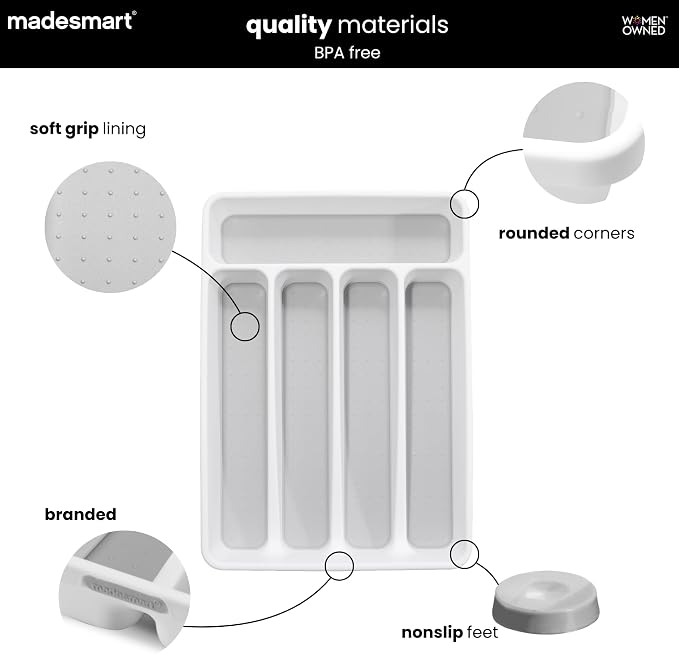 madesmart Classic 5 Compartment Compact Silverware Tray, White