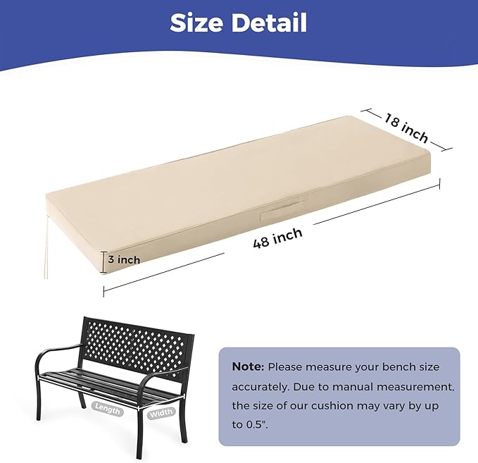 IPYNBAP Outdoor Bench Cushions for Outdoor Furniture, 48x18x3 Inch, Waterproof Bench Pillow, Fade Resistant Long Bench Seat Pads for Garden, Indoor, Porch Swing, Beige