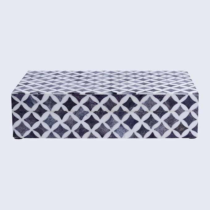 Handicrafts Home Decorative Storage Box with Lid, Moroccan Remote Control Holder Box, Wide Coffee Table Storage Organizer, Bone Inlay Resin Wooden Living Room Storage Box, Black & White, 10 x 6 x 2.5
