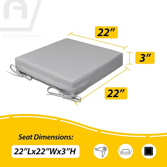 AAAAAcessories Outdoor Seat Cushions for Chairs, Waterproof, Fade-Resistant, 22" x 22" x 3", Patio Furniture Replacement Cushions, Set of 2, Gray