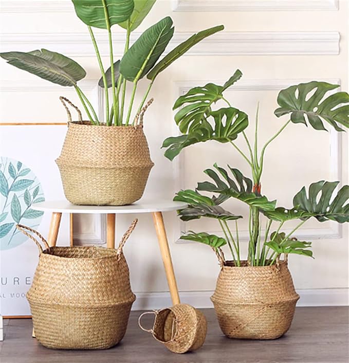 DOKOT Seagrass Plant Basket with Handles, Wicker Woven Storage Basket (8.3inch Diameter x 9inch Height), Natural