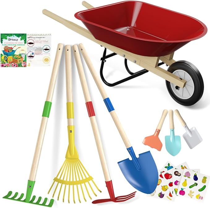 Qtioucp Kids Wheelbarrow Set with Gardening Tools Outdoor Backyard Garden Play for Toddlers Boys Girls 3-8, with Shovel, Rake, Leaf Rake, Easter Birthday Gifts (Red Garden Set)