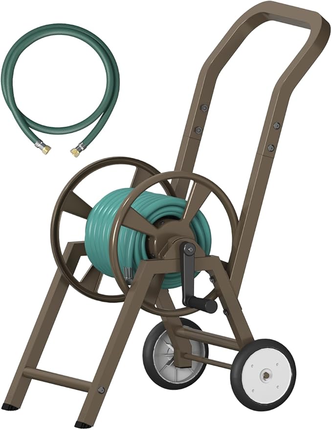 Artigarden Garden Hose Reel Cart with Wheels, Holds 165 ft of 5/8’’ Hose Outdoor Heavy Duty Powder-coated Steel Water Storage Winder Holder with 3.9 Ft Leader Hose for Outside Lawn Yard, Brown