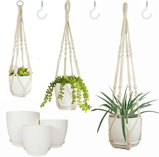 Bouqlife Macrame Plant Hangers with Pots and Saucers, 3 Pack Hanging Planters for Indoor Plants Hanging Plant Holders with Hooks 34" / 26" / 20"