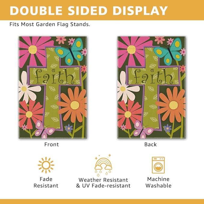Faith Garden Flag, Spring Summer Cross Christian Garden Flag for Outside, Double Sided Bible Verse Easter Farmhouse Lawn Porch Yard Sign, Easter Floral Religious Church Catholic Decor Banner