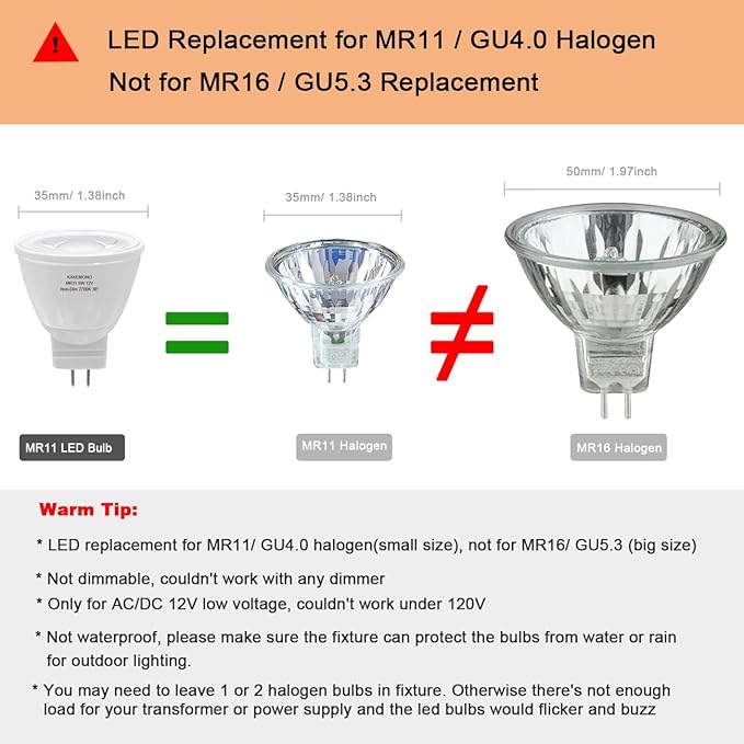 KAKEMONO 5W MR11 GU4.0 Led Bulbs, 35W Halogen Equivalent, 2700K Soft Warm White, 12V GU4 Low Voltage Spotlight for Outdoor Landscape Track Lighting, Not Dimmable-6 Pack