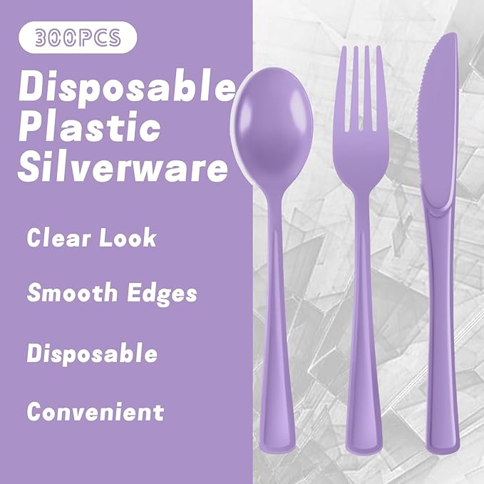 Plastic Silverware 300 PCS Disposable Silverware Heavy Duty Utensil Sets 100 Of Each Forks Knives & Spoons Disposable Cutlery Set For Easter,Birthday,Baby Shower,Garden Party,Wedding(300,Lavender)