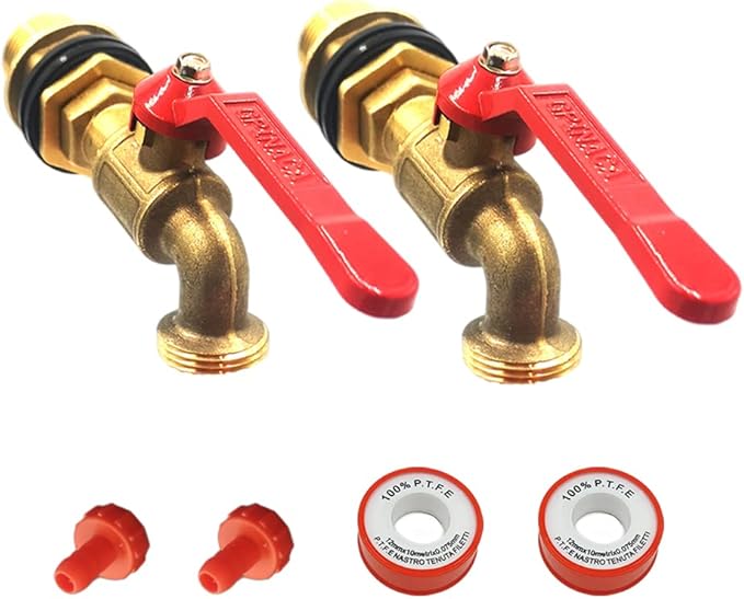 2 Pack Rain Barrel Spigot Kit, Brass Water Tank Faucet with 1 Inch OD Bulkhead Fitting for Outdoor Plastic Bucket Rain Water Drum Gal Container Down Spout Diverter in Garden