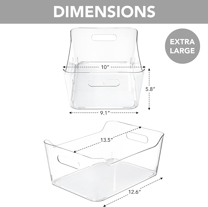 Tiawudi 6 Pack Plastic Storage Bins, Extra Large Pantry Organizer, 13.5" x 10" Clear Storage Containers and Organizer Bins, Multi-Use Bins for Home, Kitchen, Closet and Cabinet