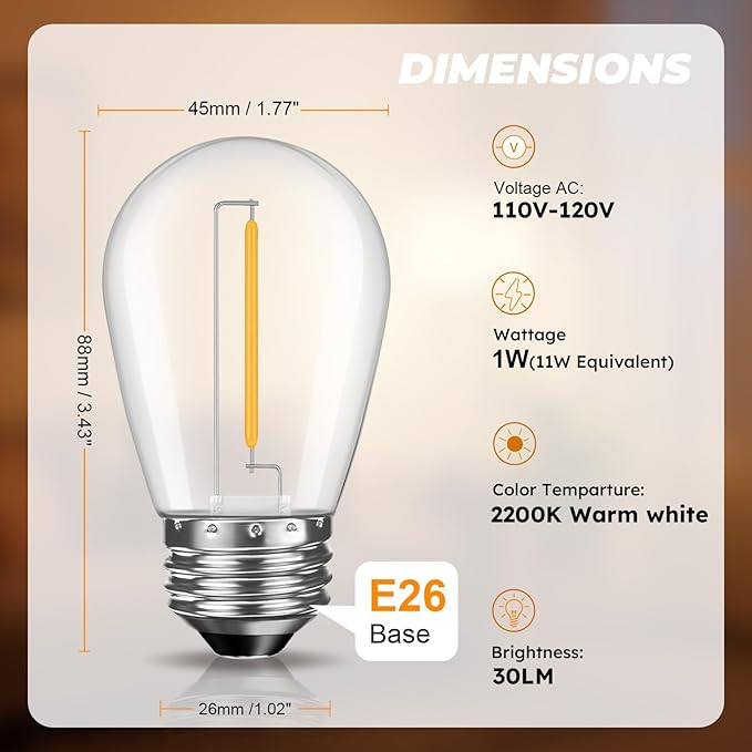 GvvooHome 64 Pack S14 LED Replacement Light Bulbs, Shatterproof Plastic 1W Outdoor String Light Bulbs for Patio, Garden, Waterproof, E26 Regular Medium Screw Base, Warm White