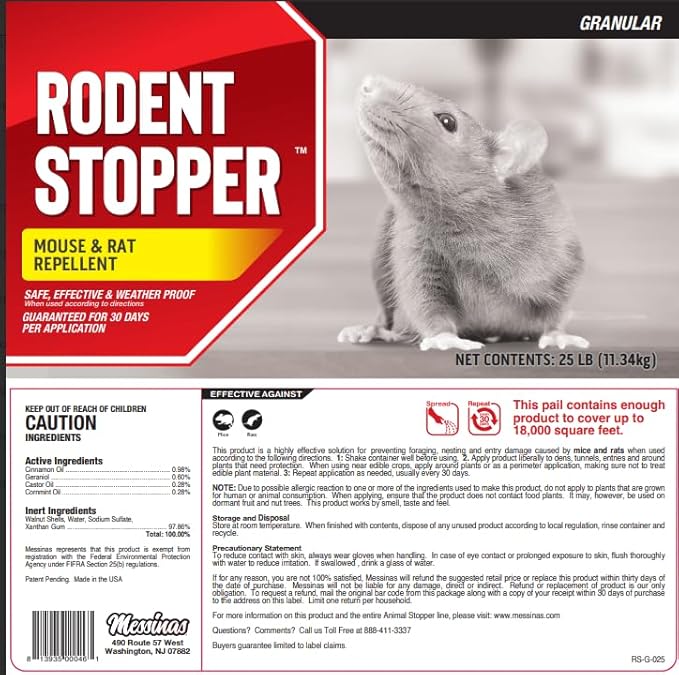 Rodent Stopper, Granular Animal Stopper Repellent, All Natural, Effective All Year Round, Safe for People and Pets, No Harsh Chemicals, Ready to Use, Rodent Repellent, Granular - 25 lb. Bulk