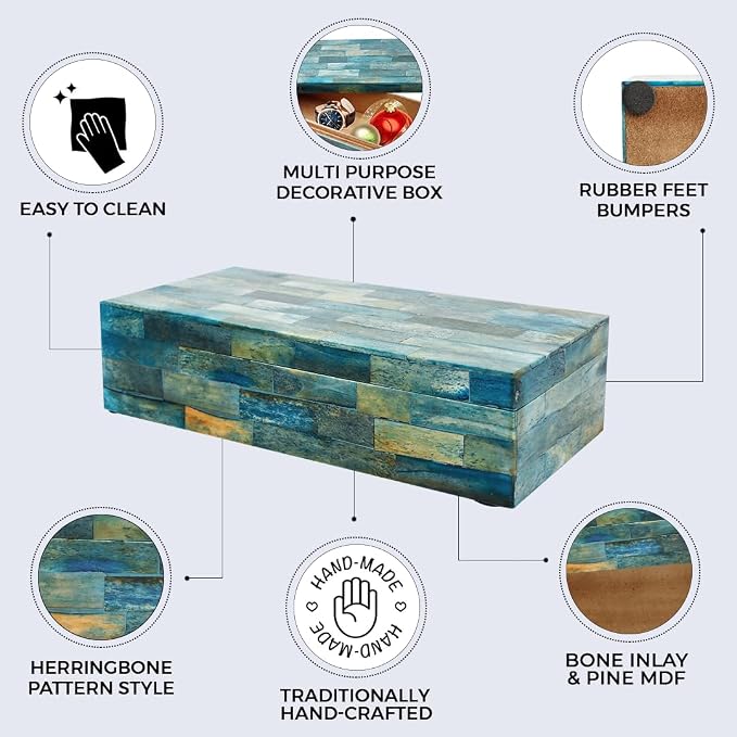 Handicrafts Home Decorative Storage Box with Lid– 10x4.5x2.5” Modern Home Decor Organizer, Memory Box & Jewelry Storage- Decorative Boxes for Living Room & Shelf Decor- Verdigris