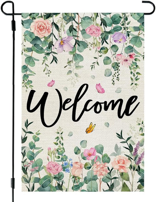 CROWNED BEAUTY Spring Garden Flag Floral Double Sided 12x18 Inches Small Burlap Holiday Seasonal Welcome Yard Decoration for Outside Porch CF1768-12