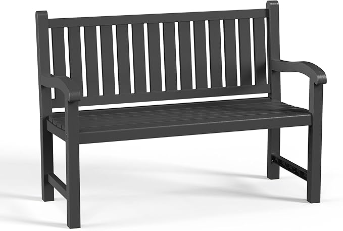 PatioZen Outdoor Bench, Waterproof & Weatherproof Garden Bench with Ergonomic Design, 2-Person Resin Bench for Porch, Deck, Patio, Outdoor, Garden & Park(Black)