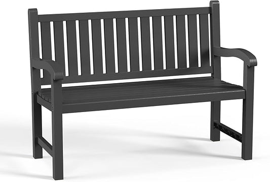 PatioZen Outdoor Bench, Waterproof & Weatherproof Garden Bench with Ergonomic Design, 2-Person Resin Bench for Porch, Deck, Patio, Outdoor, Garden & Park(Black)