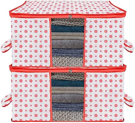 Kuber Industries Non-Woven Underbed Storage Bag|Clothes Storage Organizer|Blanket Cover With Clear Window|Zipper Closure&Handle Cloth Organizer|Dot-Design|Large|Pack Of 2|Red,32 Cm,48Cm