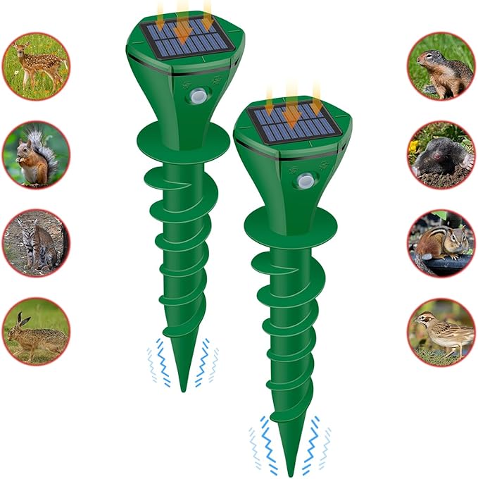 Mole Repellent Solar Powered, 2 Pack Ultrasonic Gopher Repeller IP65 Waterproof for Lawn Garden Yard, Sonic Vole Repellent Mole Killer Outdoor Get Rid of Snake Groundhog Chipmunk Squirrels-Dark Green