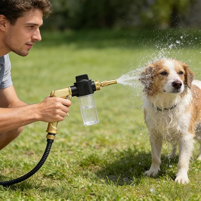 High Pressure Garden Hose Nozzle with Soap Dispenser, Heavy Duty Foam Gun Car Wash Sprayer, Adjustable Nozzle for Gardening, Solar Panel Cleaning, Pet Showering (Gold)