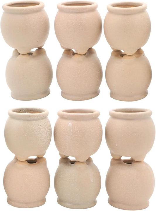 12-Pack 1.6" Wide Round Belly Succulent Pots with Large Drainage Hole - Rustic Morandi Stone Textured Ceramic Planters, Side-Tilted Stable Mini Pots for Air Plants, Fairy Gardens (Light Khaki)