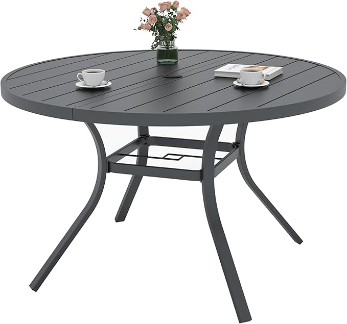 Anmutig 4-6 Person 48" Patio Round Table with Adjustable Umbrella Hole for Outdoor 4ft Black Metal Dining Table, All Weather