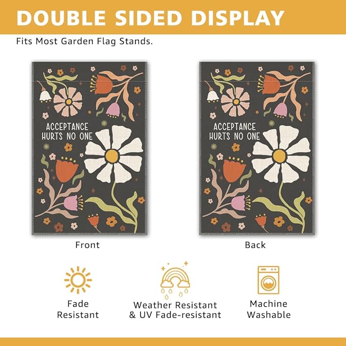 Acceptance Hurts No One Garden Flag, Spring Floral Liberal Yard Flags for Outside, Double Sided Protest Democratic Inclusion Yard Sign, Retro Social Justice Flower Garden Banner for Activist