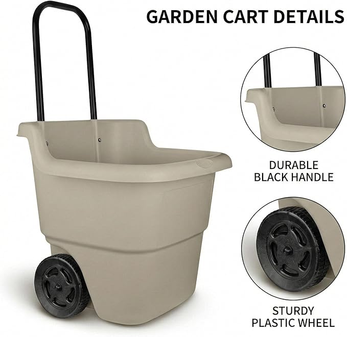 15-Gallon Rolling Garden Cart & Utility Wagon – Lightweight Resin Yard Waste Bin with Telescoping Handle & 7-Inch Wheels – Portable Outdoor Organizer for Lawn, Mulch, Firewood (Beige)