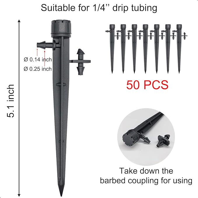 Topiverse 50 Pcs Drip Irrigation Emitters, Adjustable Flow 0-18 GPH Irrigation Drippers with Stake, 360 Degree Flow Sprinkler Head, Micro Sprinkler for Garden Patio Lawn Flower Bed