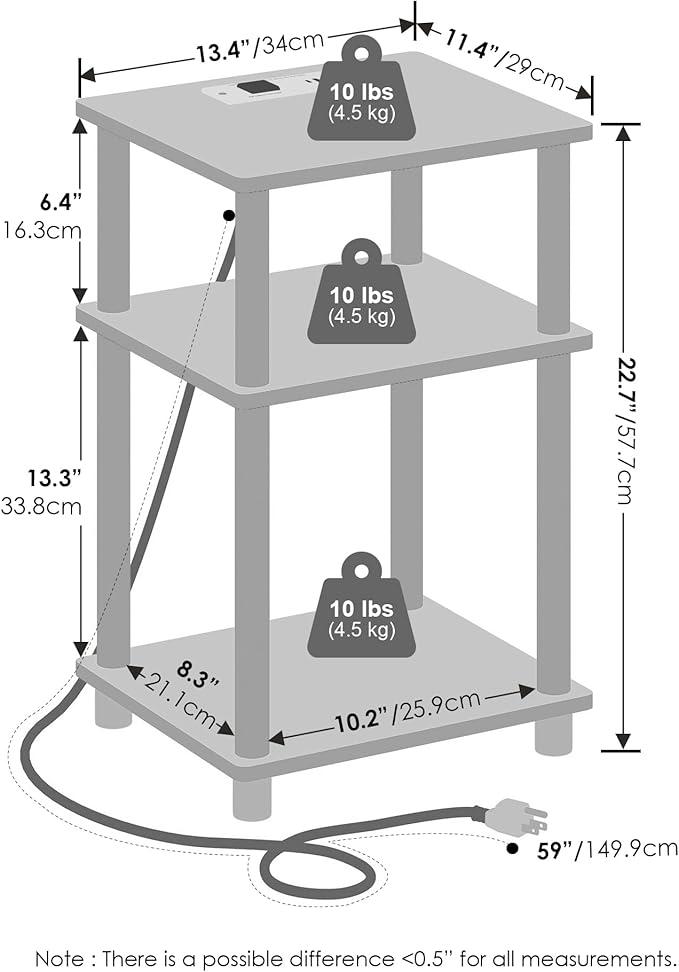 Furinno Just 3-Tier Night Stand with Charging Station, Light Marble