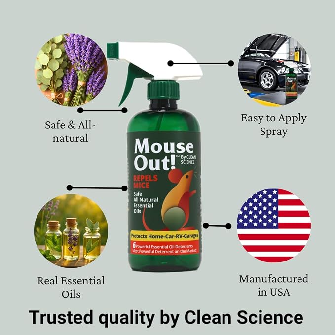 Mouse Out! All-Natural Rodent Repellent Spray, 16oz | Essential Oil Formula, Protects Car Wiring & Stops Mice, For Kitchens, Homes, RVs, and Garages, Safe for Pets & Kids