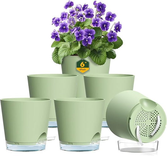 Meowell 6 inch Self Watering Pots for Indoor Outdoor Plants, 6 Pack Flower Plant Pots with Drainage Holes and Clear Reservoirs, Visible Water Level, Plastic Planters with Wicking Rope, Green