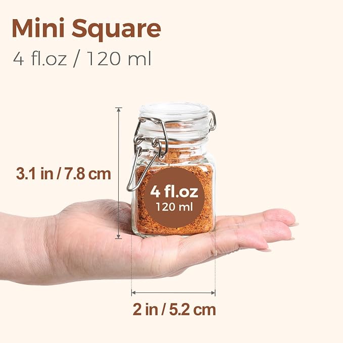 ComSaf Square Glass Spice Jars 4 oz 6 Pack with Labels and Funnel Set