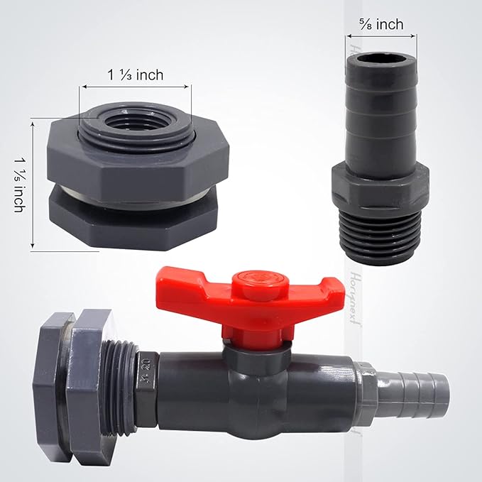 rain barrel spigot kit within 3/4 inch pvc bulkhead adapter 3/4" valve 5/8" plastic barb fitting, for 5/2.5/50/55/100 gallon water tank garden bucket outdoor rainwater collection