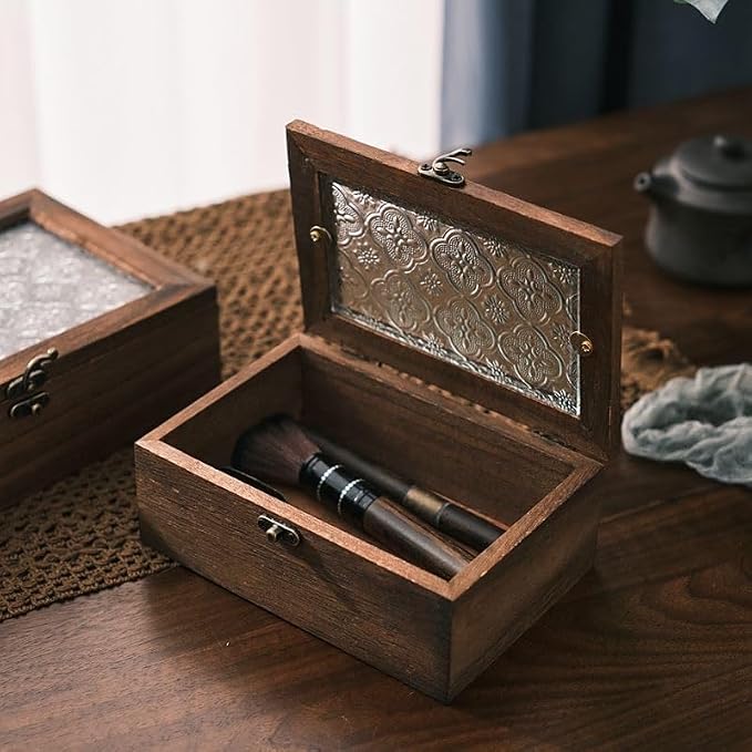 Vintage Wooden Storage Box with Glass Lid, Keepsake Box Small Decorative Storage Box for Jewelry, Trinket, Gift and Home Decorations (Small)