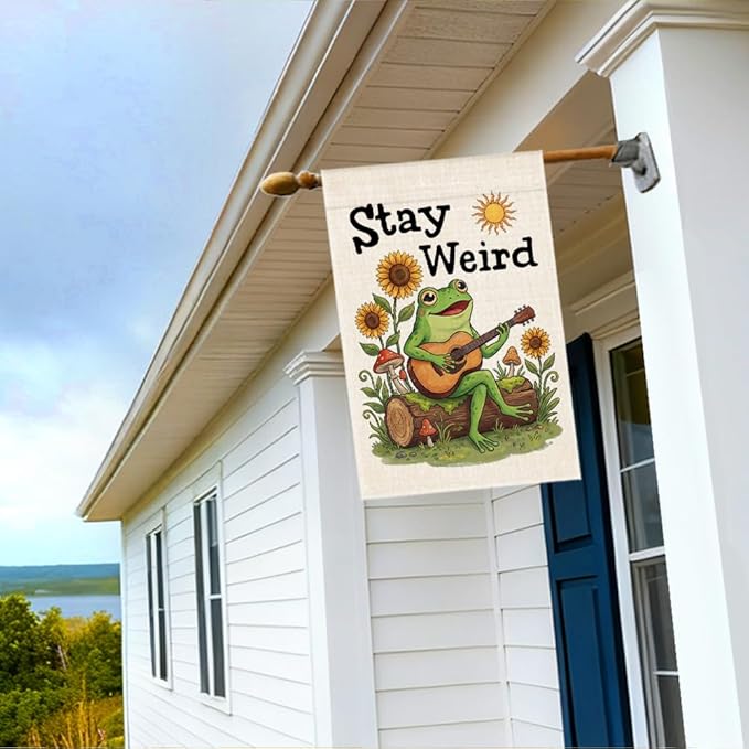 RZHV Stay Weird Double-Sided Garden Flag for Outdoor House Yard Sign Garden Decor Parade, Funny Frog Playing Guitar Sun Vertical Flag, Diversity Inclusive Outdoor Lawn House Patio Banner Decoration